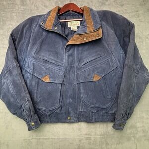 Vintage Ash Creek Mens Suede Leather Bomber Jacket Size Large Blue 90s Zip‎ Up